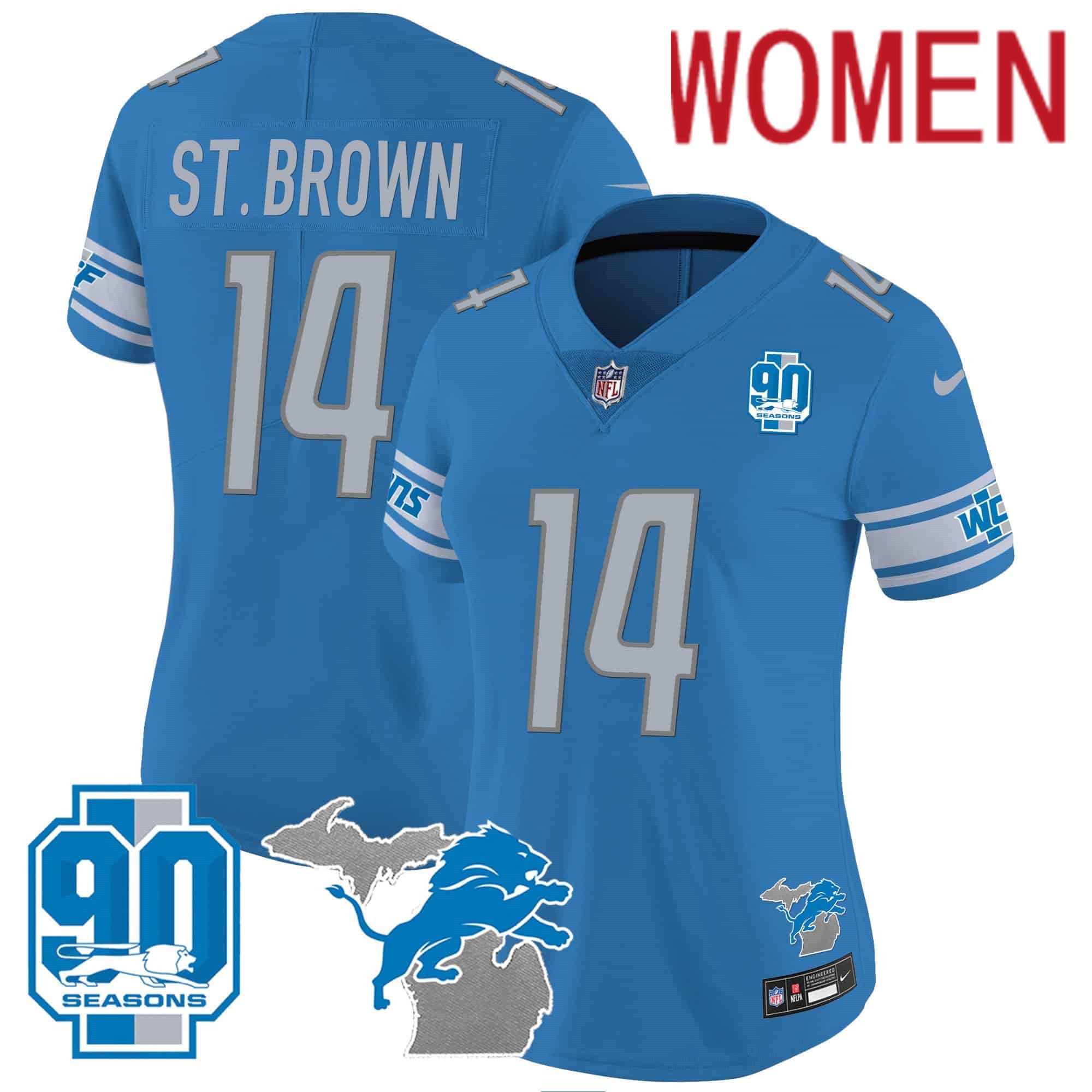 Women Detroit Lions 14 ST Brown Blue 2024 Nike 90th Year Michigan Patch Vapor NFL Jersey style 1